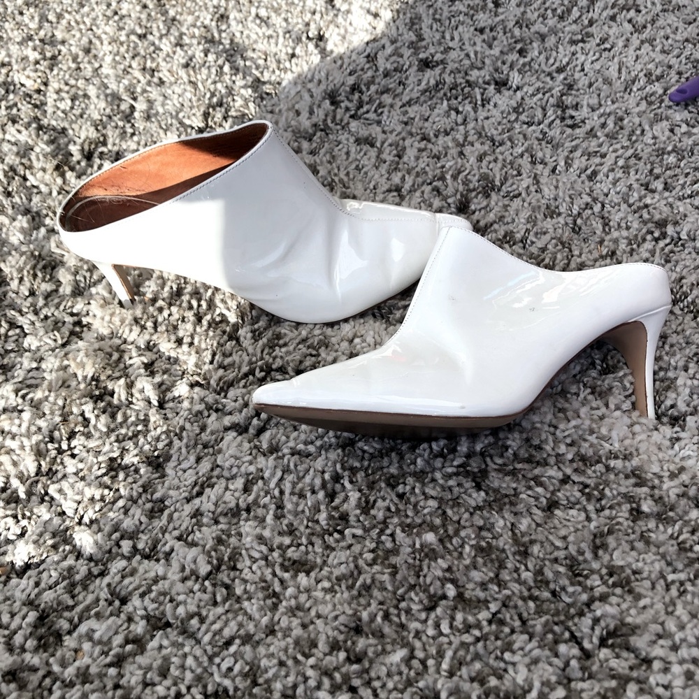 White patent pointed toe high heel mule
